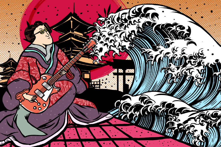 Japanese Guitar Player & Sea Waves Vector Print 100% Australian Made