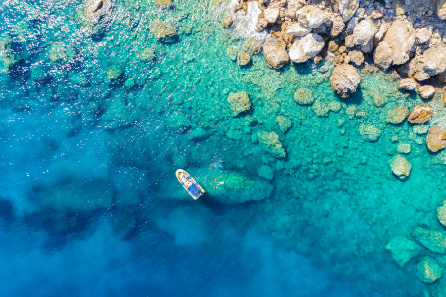Rib Boat on Rocky Blue Sea Aerial View Photograph Home Decor Premium Quality Poster Print Choose Your Sizes
