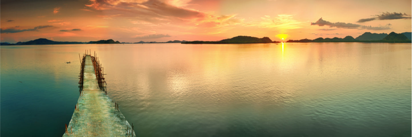 Panoramic Canvas Pier on Lake Sunset View Photograph High Quality 100% Australian Made Wall Canvas Print Ready to Hang