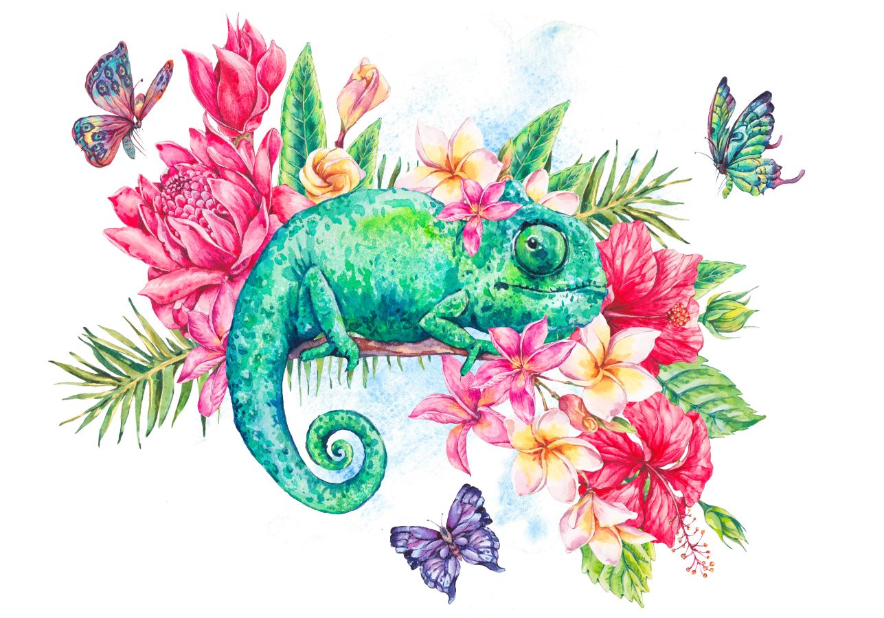 Lizard & Flowers Watercolor Painting Print 100% Australian Made