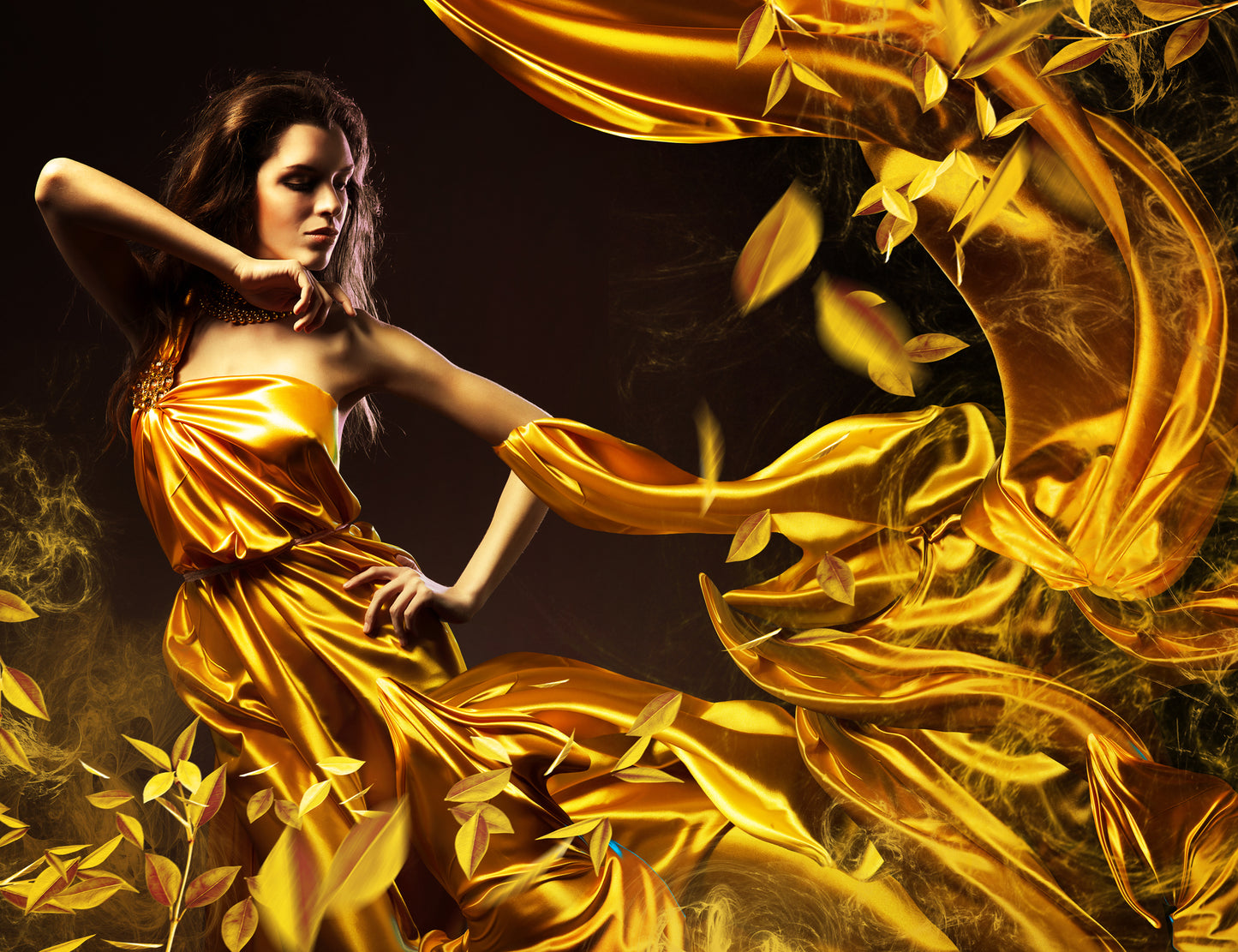 Woman with Gold Dress & Flowers Print 100% Australian Made