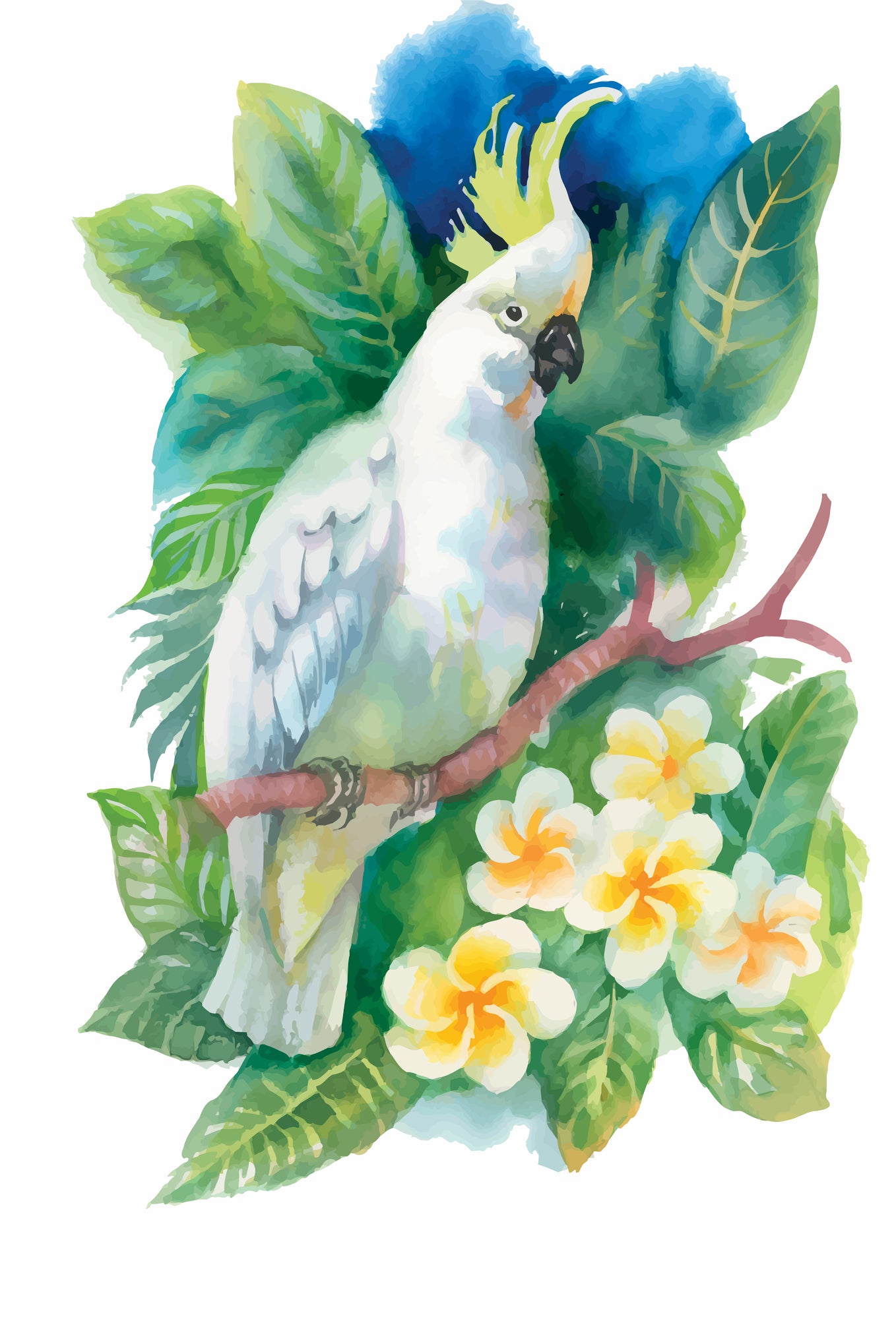 Parrot on the Branch with F-lowers Watercolor Painting Print 100% Australian Made