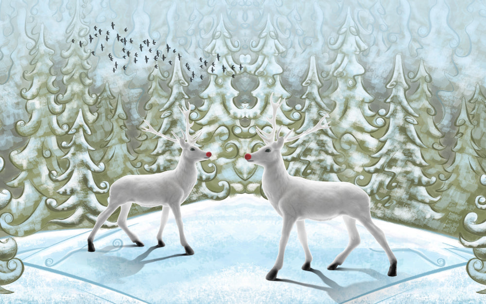 White Snow Deers in Snow Forest Painting Print 100% Australian Made