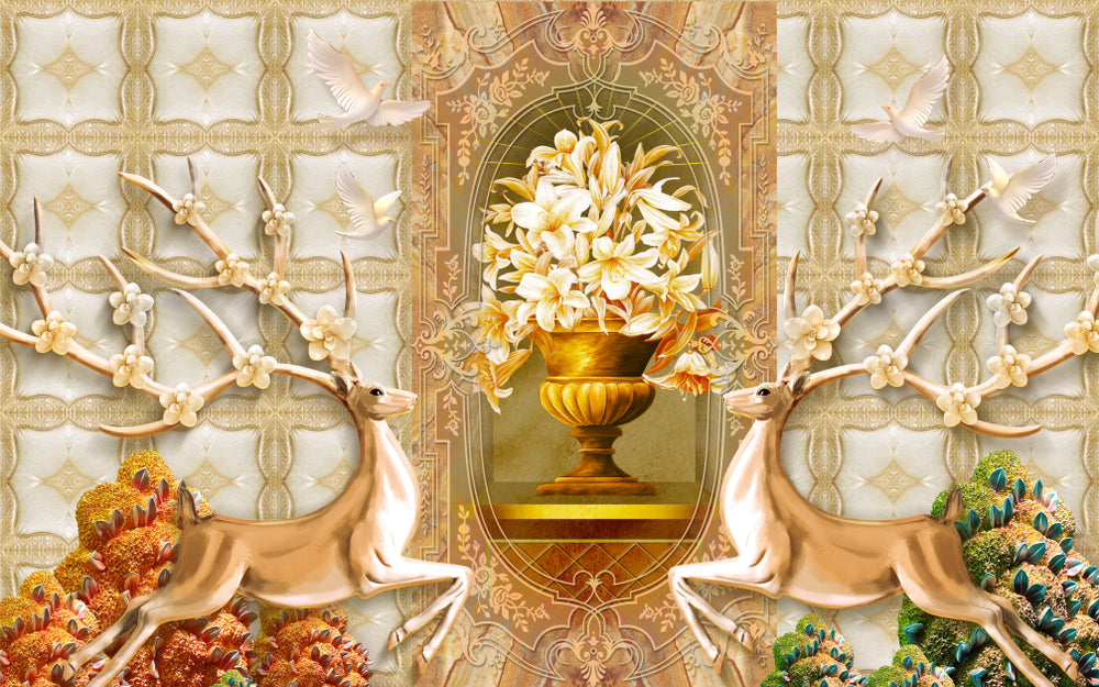 Golden Deers with Floral Antlers 3D Design Print 100% Australian Made