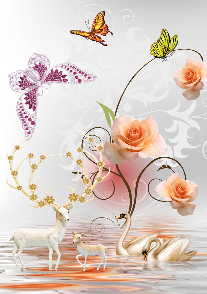 Flowers Butterflies Deers & Swans Design Home Decor Premium Quality Poster Print Choose Your Sizes