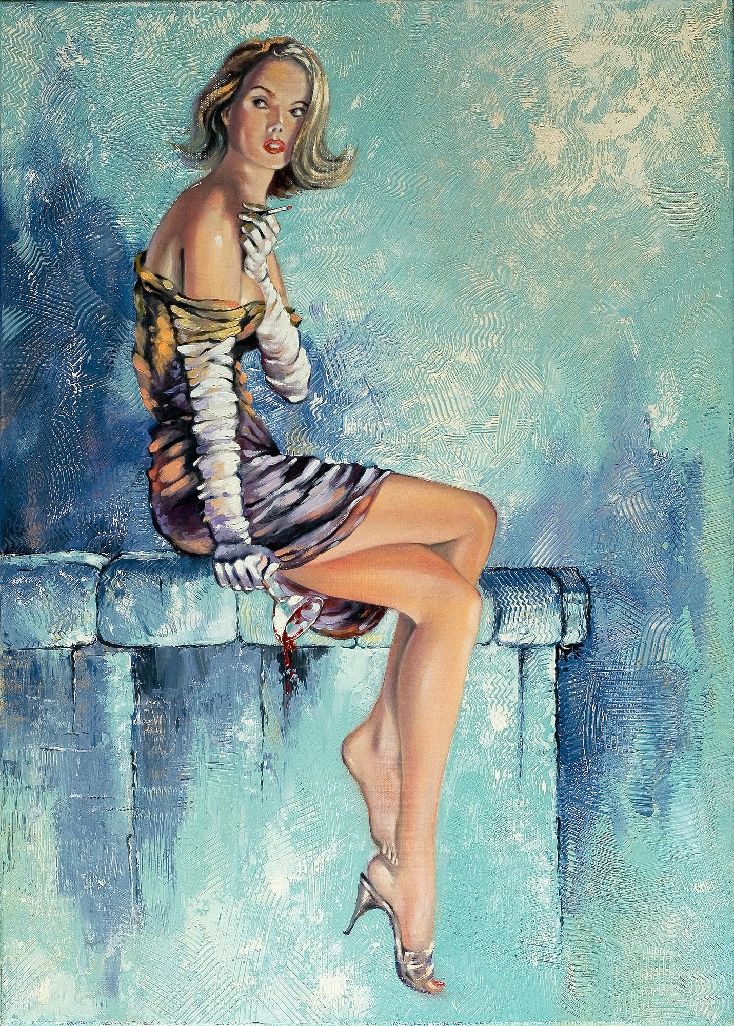 Girl Sitting on Wall Oil Painting Home Decor Premium Quality Poster Print Choose Your Sizes