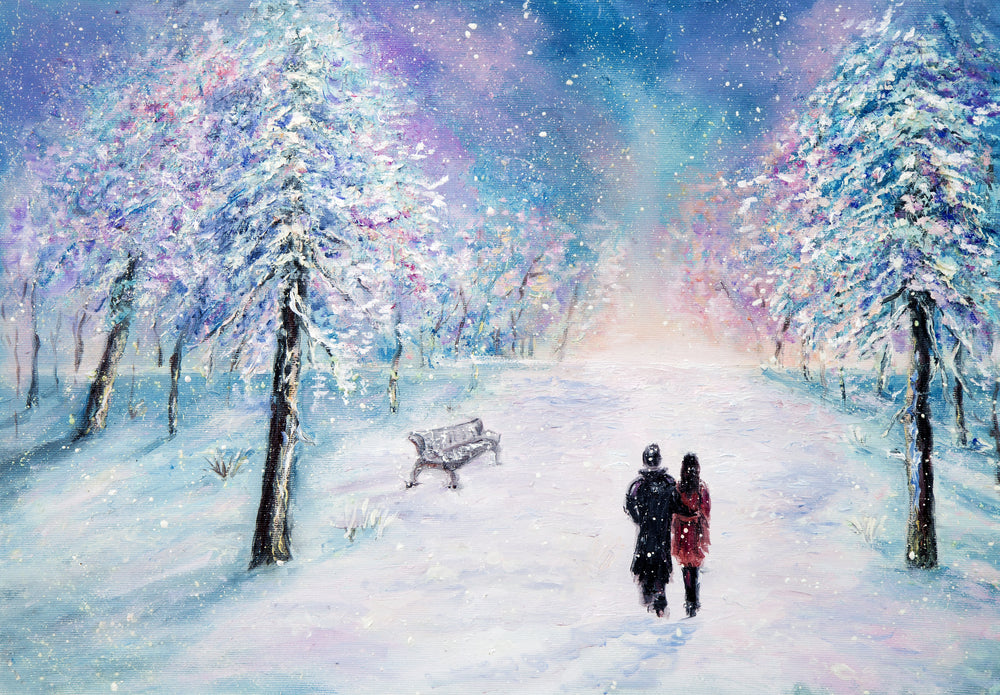 Couple Walking in Snow Forest Park Oil Painting Print 100% Australian Made