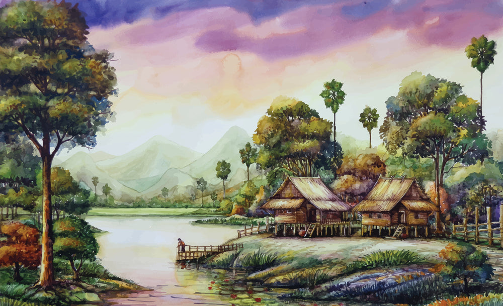 Village House & Forest Oil Painting Print 100% Australian Made