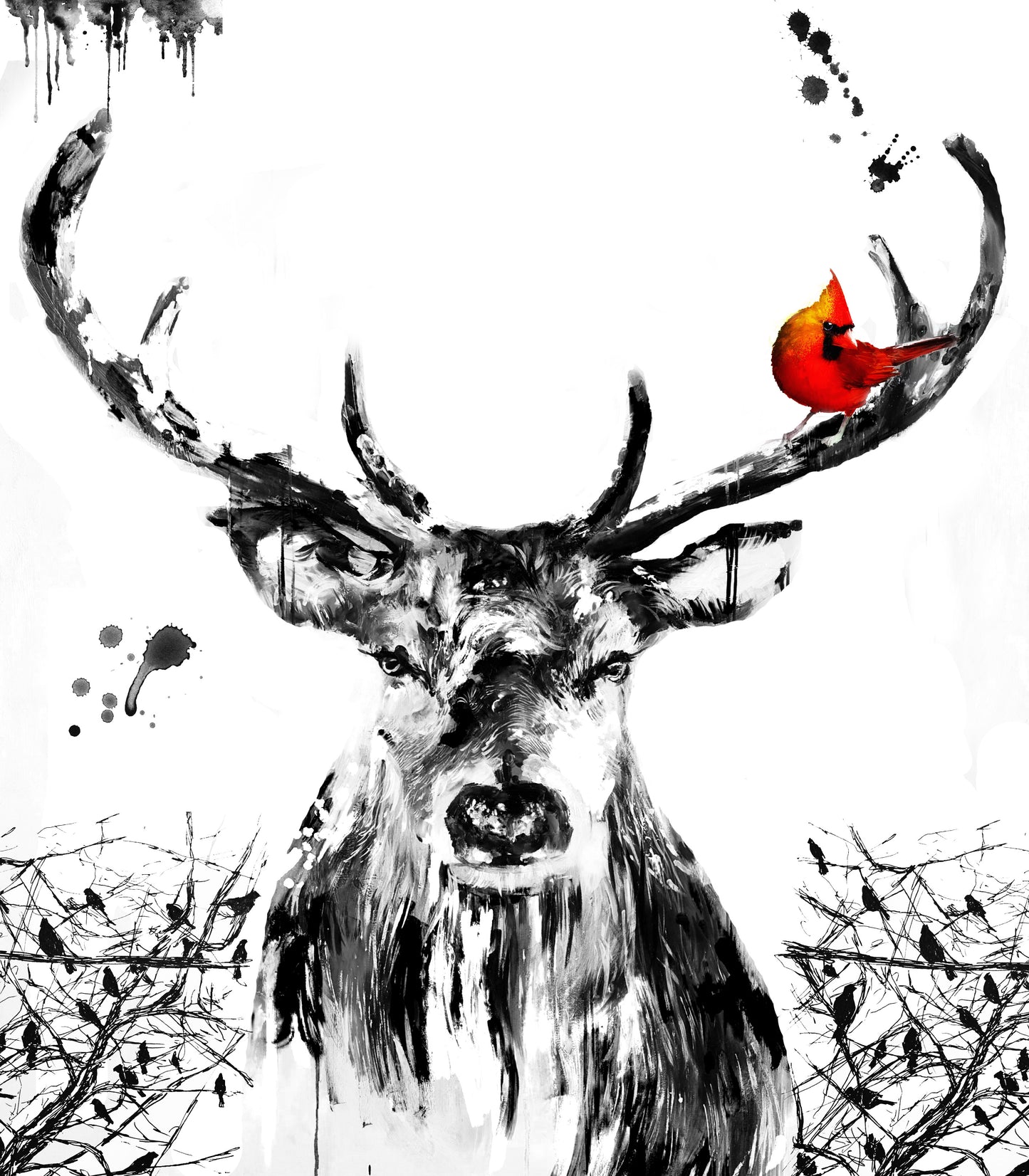 Deer Portrait B&W Red Bird Painting Print 100% Australian Made