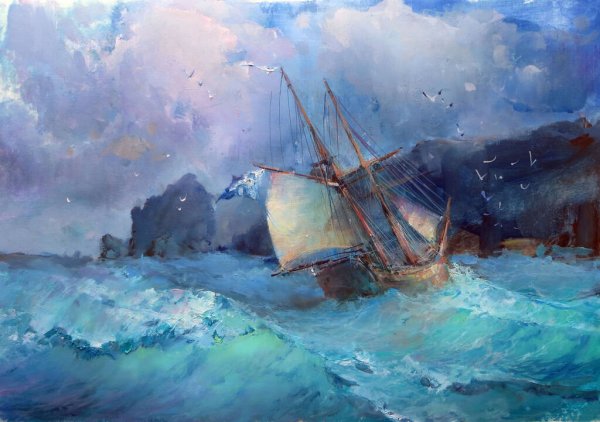 Rough Sea & Ship Watercolor Paint Print 100% Australian Made