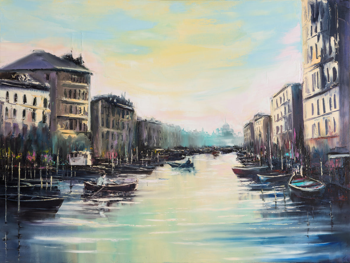 Boats on Canal Watercolor Paint Print 100% Australian Made