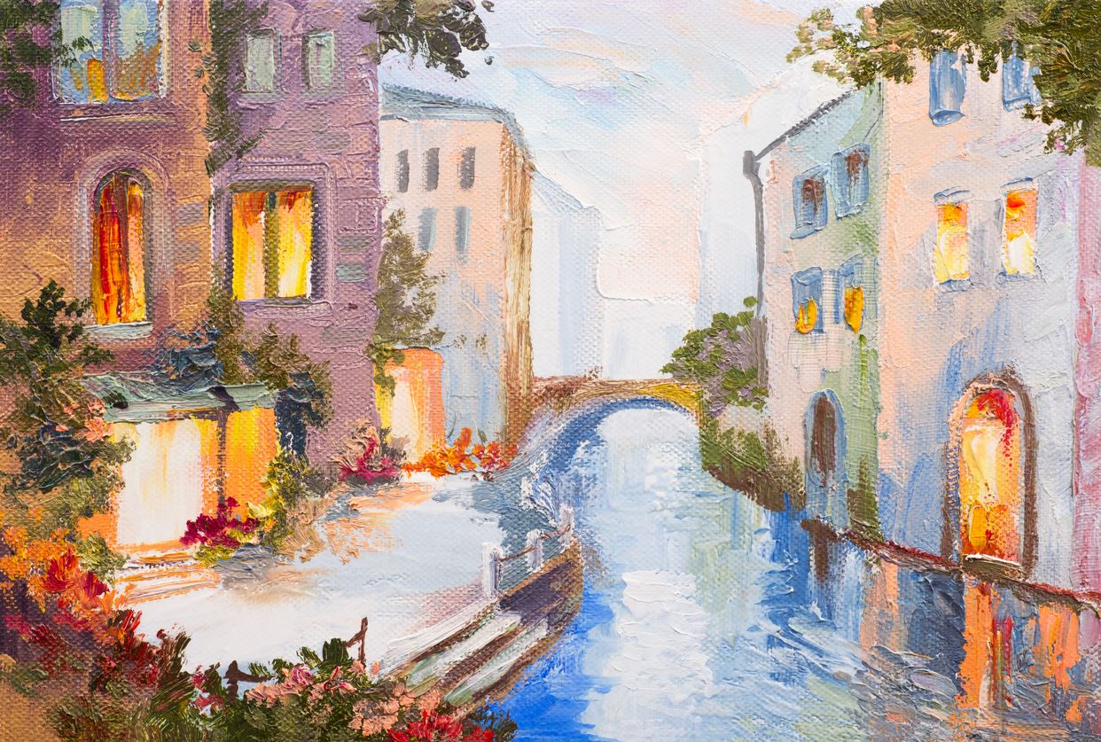 Houses Near Canal Oil Painting Print 100% Australian Made