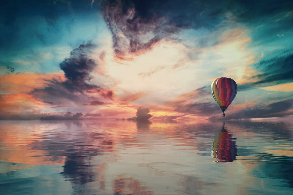 Hot Air Balloon Over Lake at Sunset Scenery Photograph Print 100% Australian Made