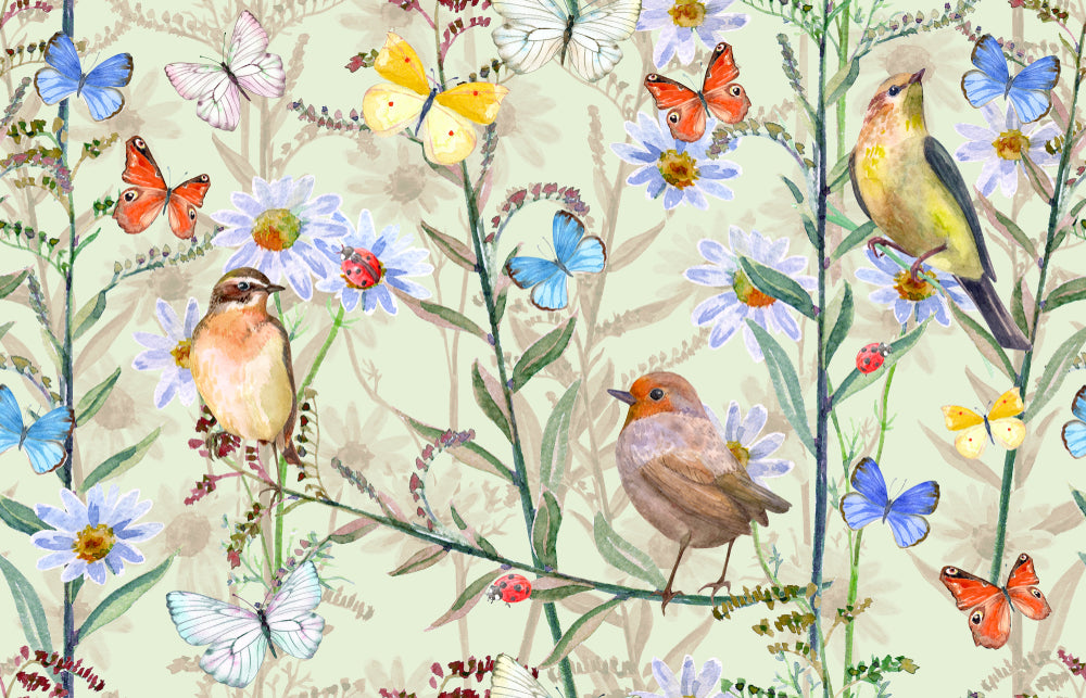 Birds Buterflies on Floral Plants Field Painting Print 100% Australian Made