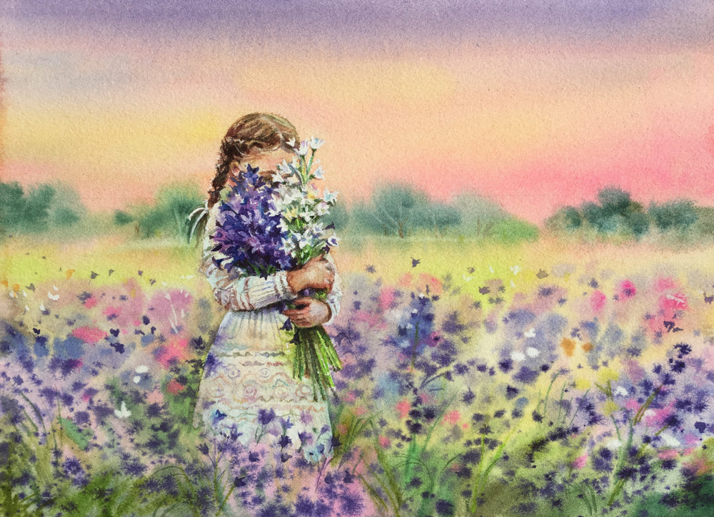 Little Girl in a Field of Flowers Painting Print 100% Australian Made