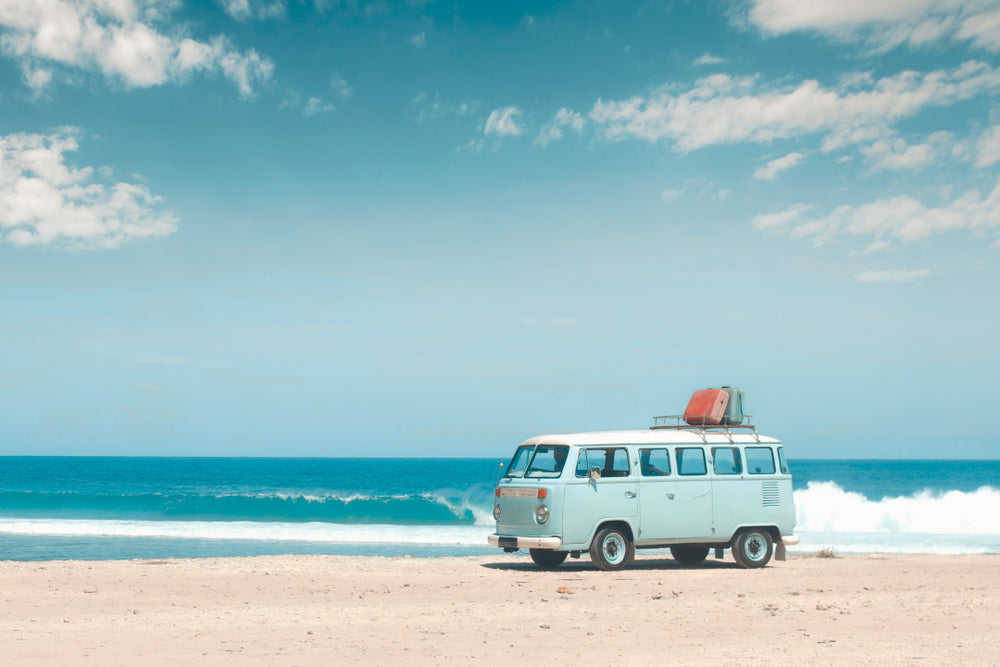 Mini Van on Beach with Surf Boats Home Decor Premium Quality Poster Print Choose Your Sizes