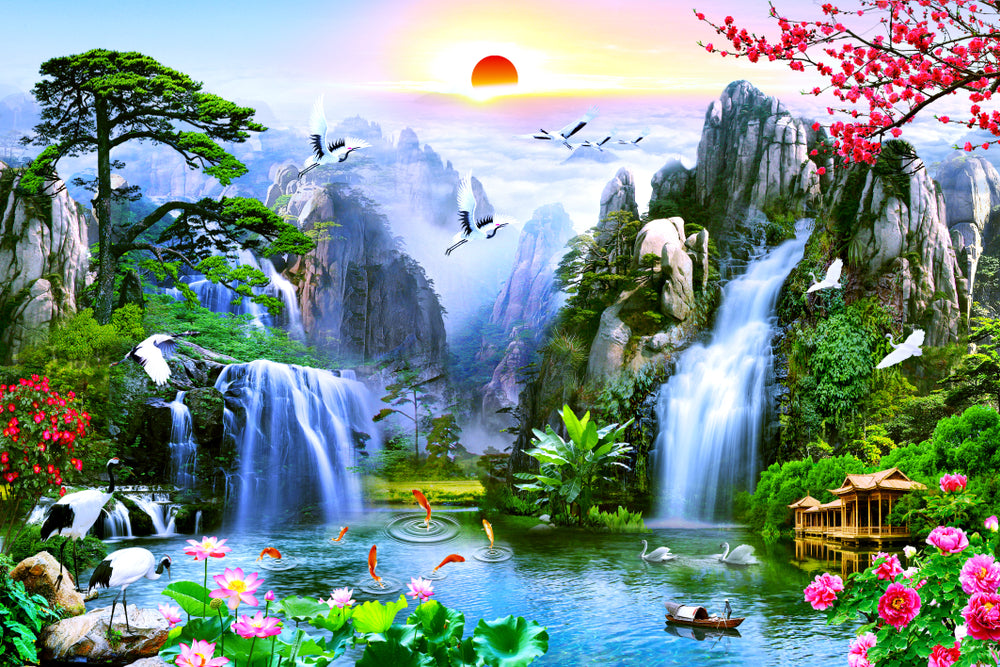 Stunning View of Birds, Fish, House, Mountains & Waterfall Photograph print 100% Australian Made