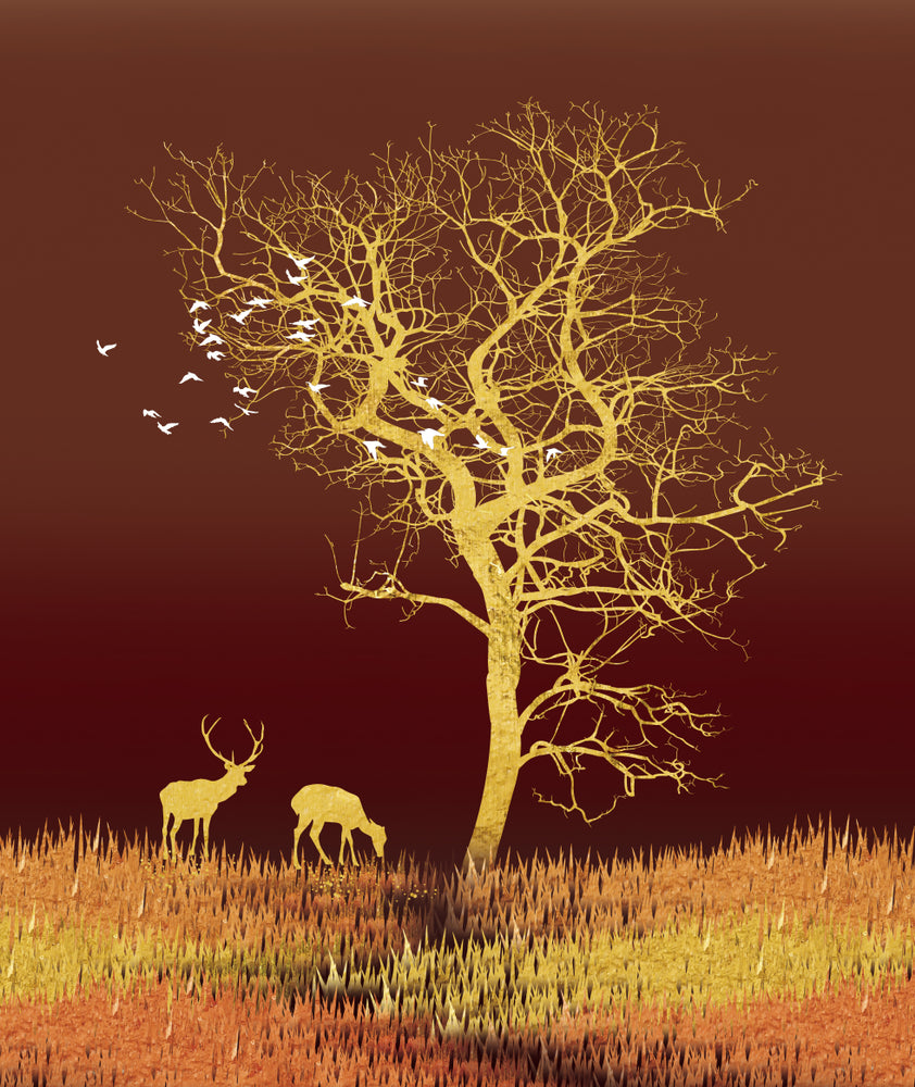 Tree & Deer Abstract Gold Design Home Decor Premium Quality Poster Print Choose Your Sizes