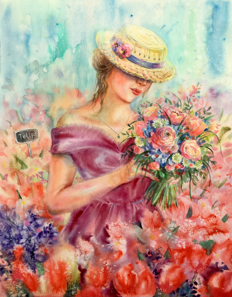Woman in a Flower Field Holding a Flower Bouquet Painting Print 100% Australian Made