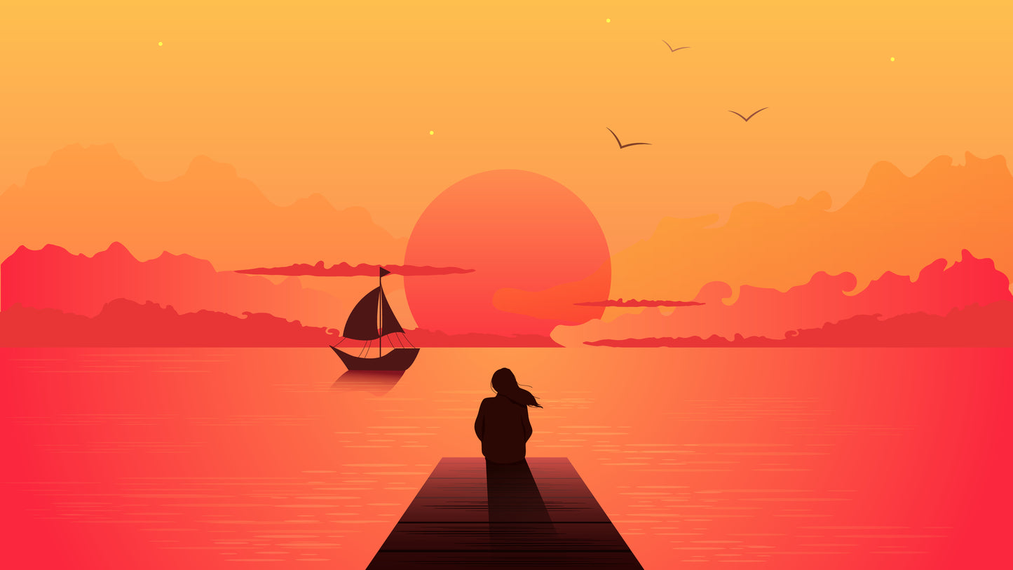 Girl On Wooden Pier & Boat Vector Print 100% Australian Made
