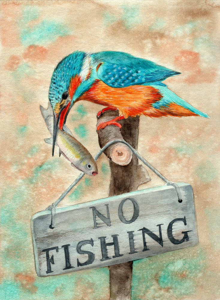 Kingfisher Bird with a Fish Sitting on a No Fishing Board Watercolor Painting Print 100% Australian Made