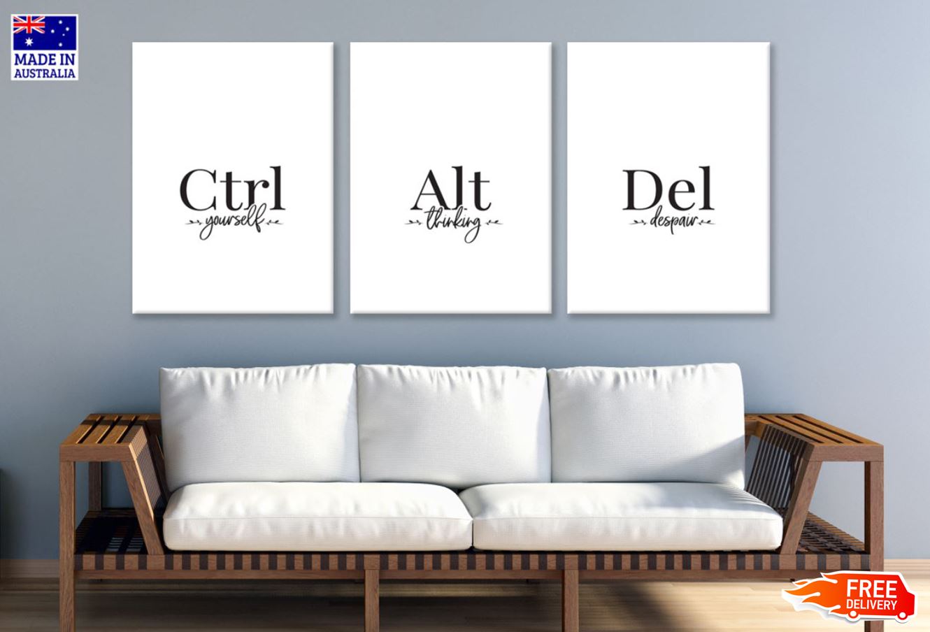 3 Set of Ctrl Alt Del B&W Wordings Design High Quality Print 100% Australian Made Wall Canvas Ready to Hang