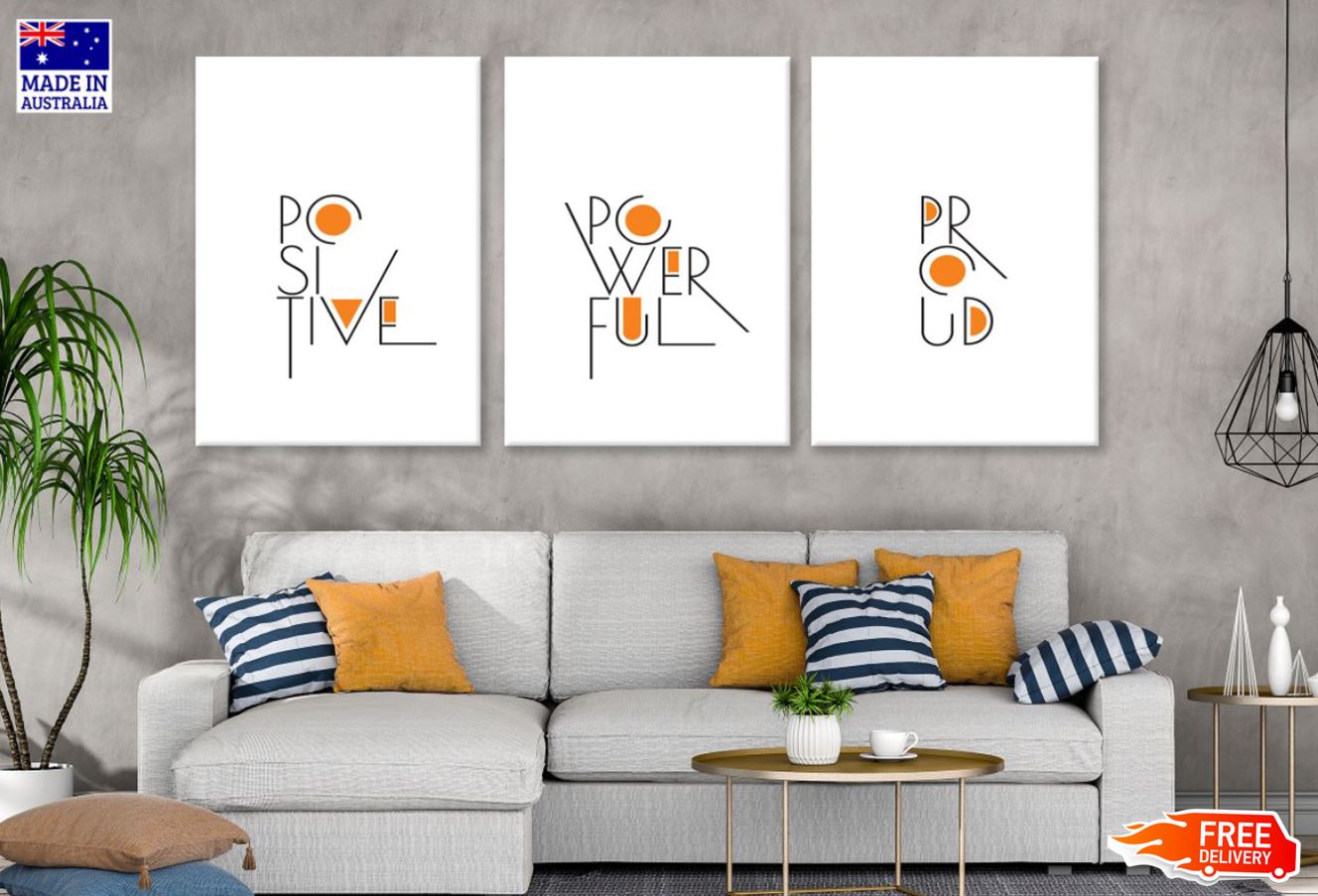 3 Set of Positive Powerful Proud B&W Wordings & Orange Shapes Design High Quality Print 100% Australian Made Wall Canvas Ready to Hang