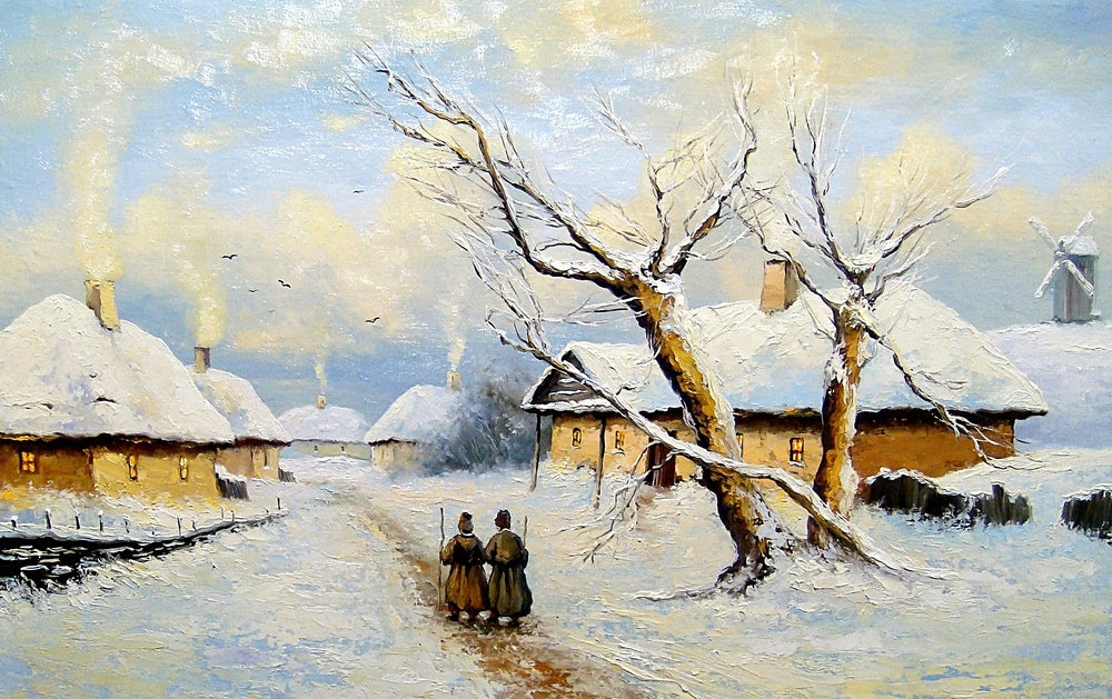 Houses & Trees Covered With Snow Painting Print 100% Australian Made