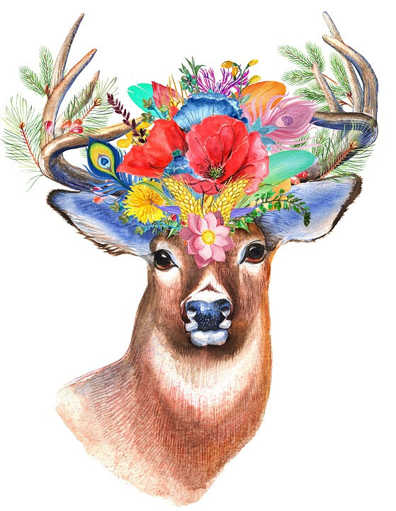 Deer Face with Flowers Watercolor Print 100% Australian Made