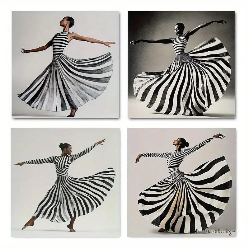 4pcs Black & White Dancer Silhouettes  Wall Art Canvas Framed