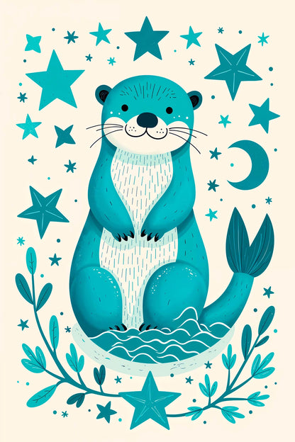 Cute Teal Sea Otter Moon Stars 5mm thick Plastic Poster Ready to Hang 90x60cm