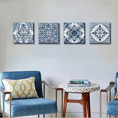 4pcs Navy Blue Floral Blue and White Patterns   Art Canvas Framed - Bella Home Decor