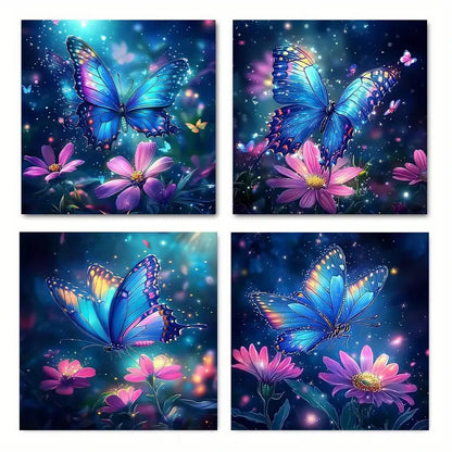 4pcs  Luminous Blue & Purple Butterflies   Wall Art Canvas Framed