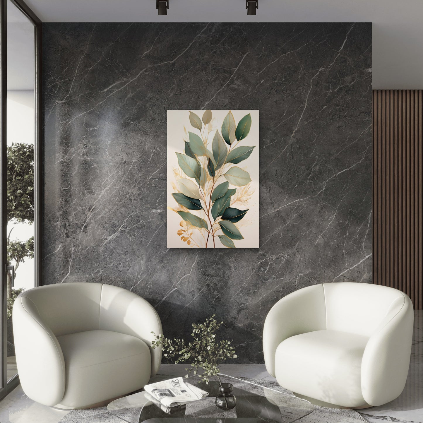 Eucalyptus Green Gold Sage Botanical 40x60cm Metal Print Ready to Hang