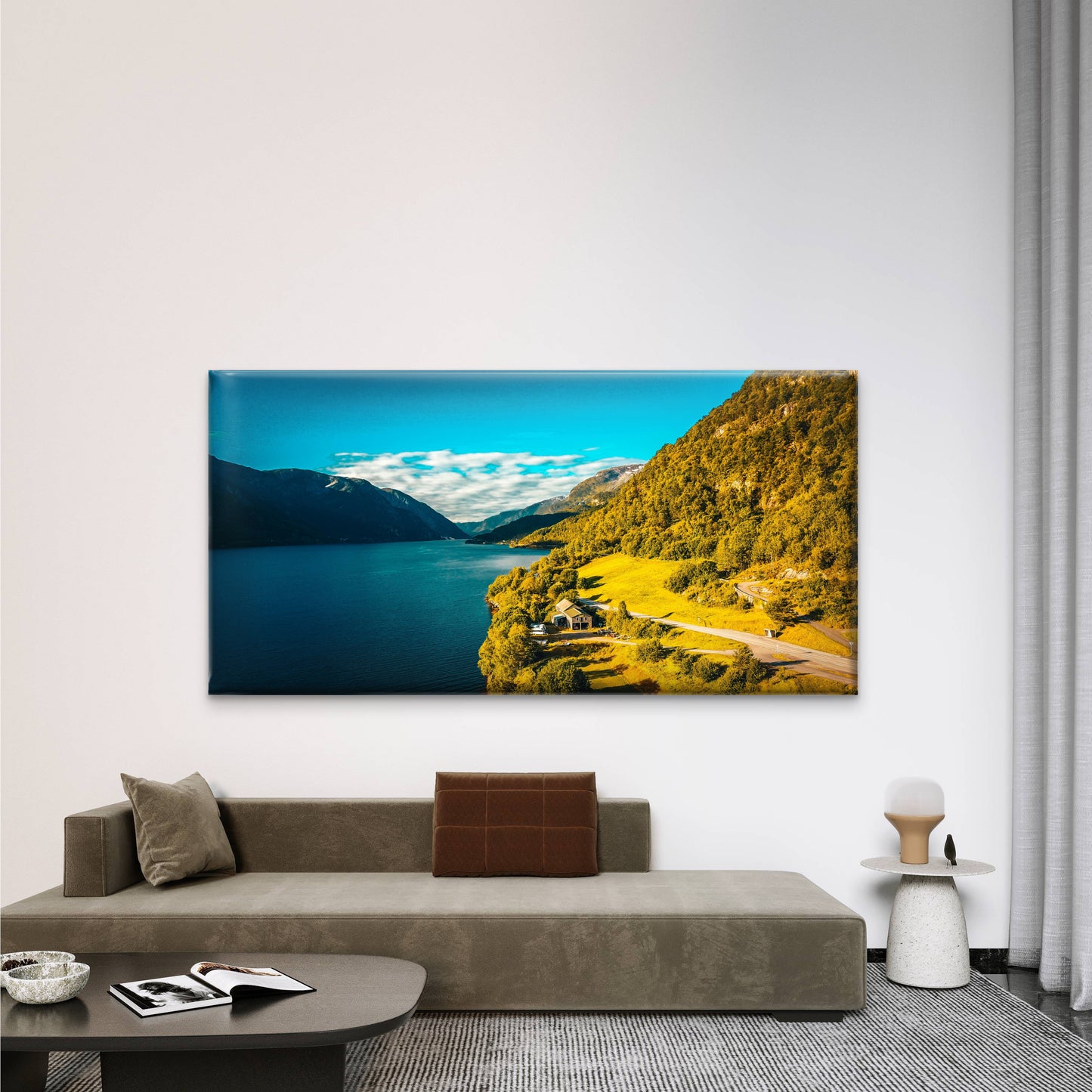Peaceful Fjord Mountain Cabin Wall Art Canvas Office Home Room Framed 120x60cm
