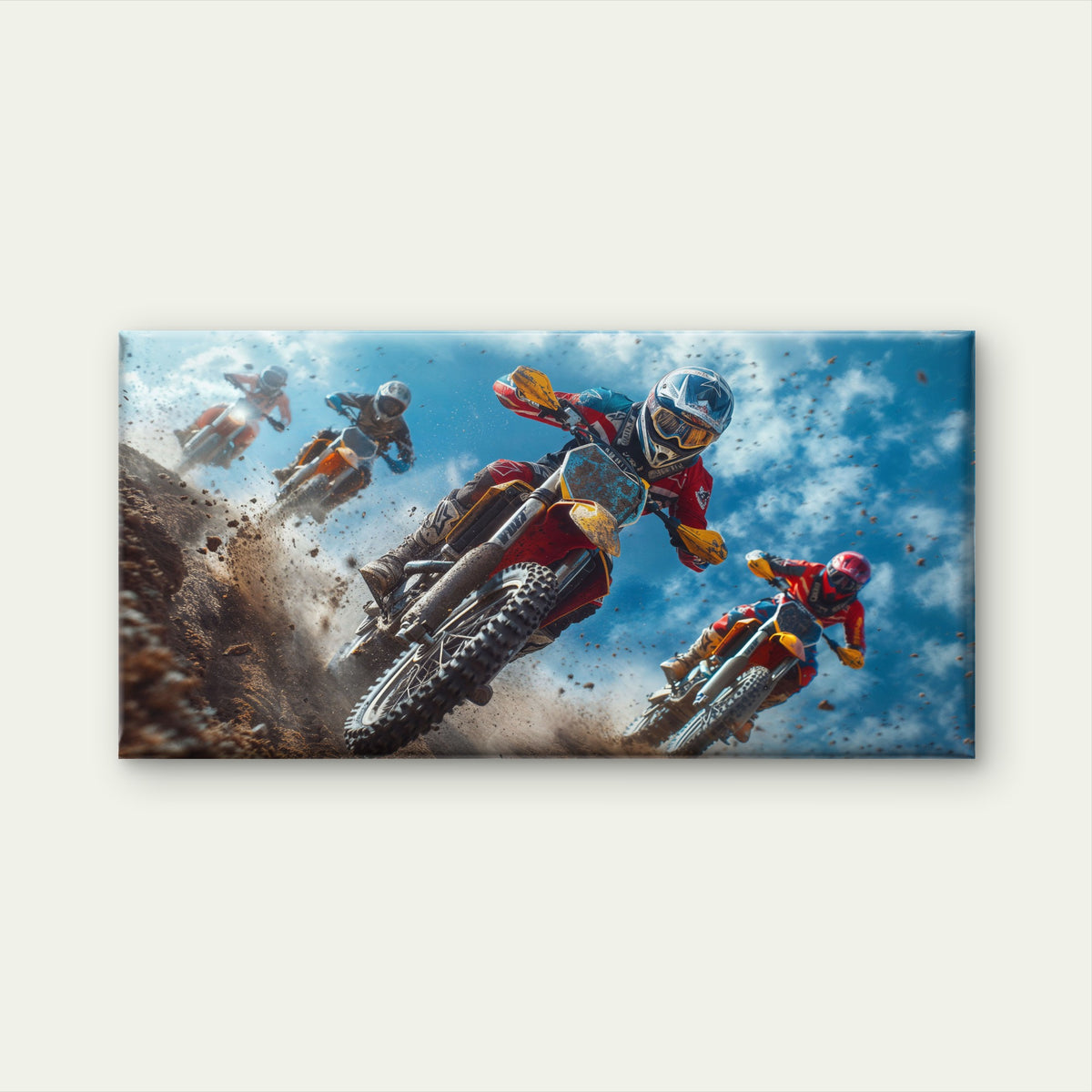 Motocross Riders Kick Up Dirt Wall Art Canvas Office Home Room Framed 120x60cm