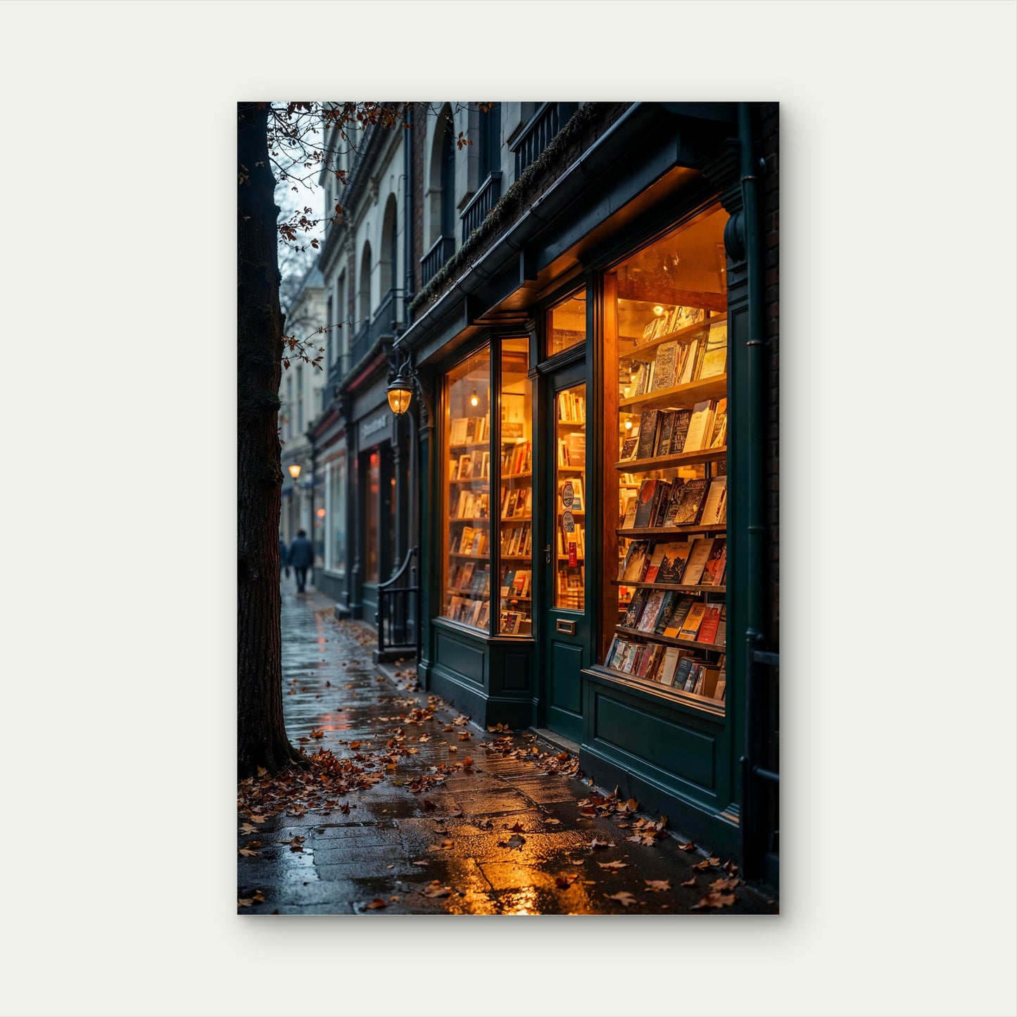 Cozy Bookstore Rainy Street Autumn Leaf 40x60cm Metal Print Ready to Hang