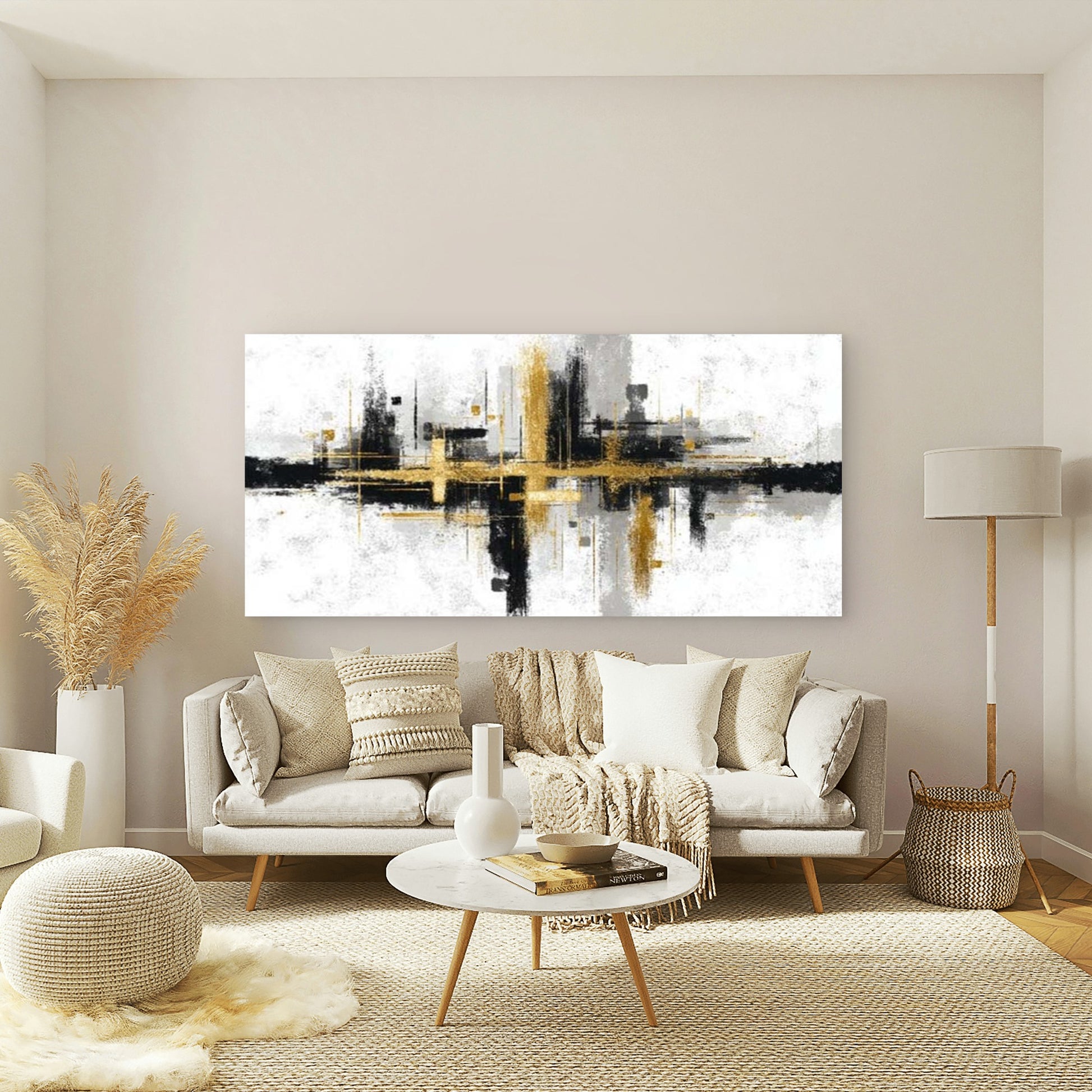 Gold and Black Geometric Wall Art Canvas Office Home Room Framed 120x60cm - Bella Home Decor