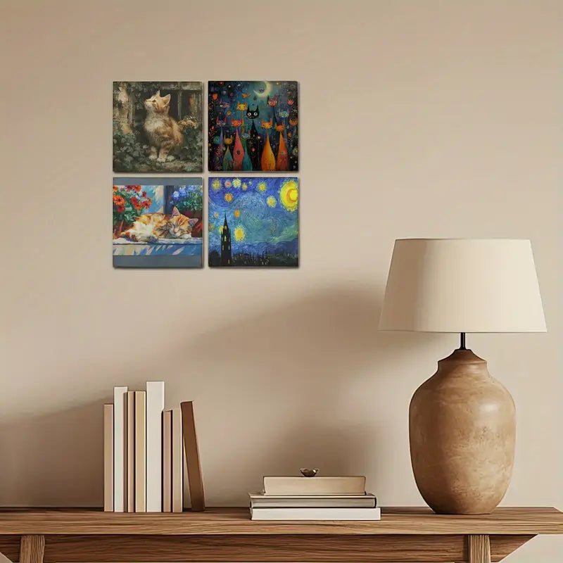 4pcs Cute Cat Decor Wall Art Canvas Framed