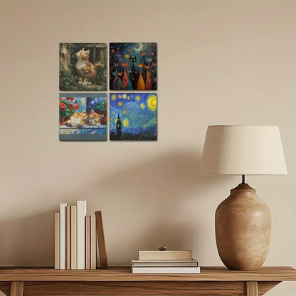 4pcs Cute Cat Decor Wall Art Canvas Framed