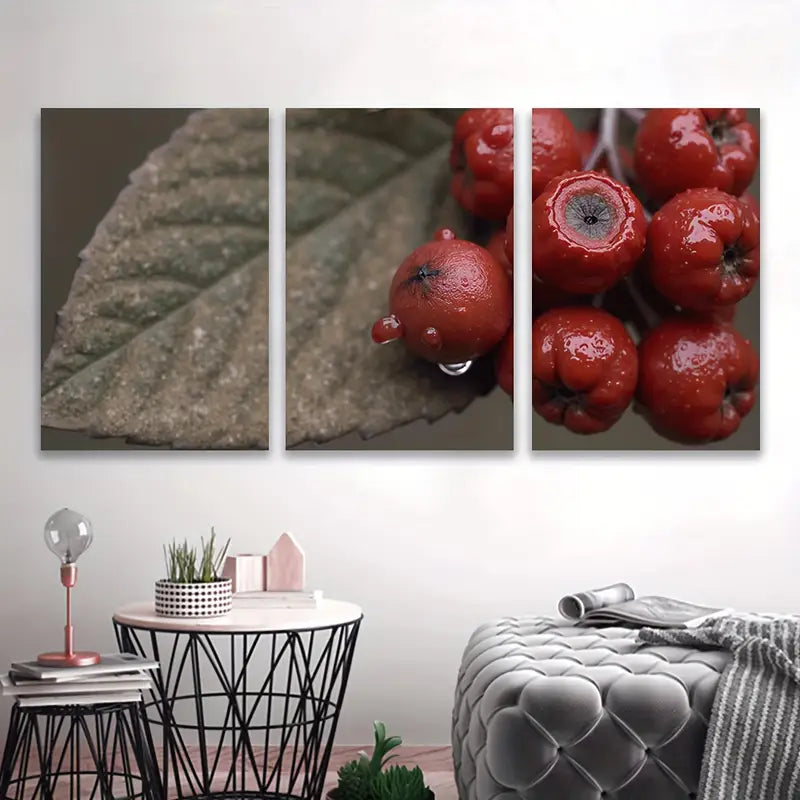 3pcs Red Berries with Water Droplets Design Wall Art Set Canvas Framed 40x60cm - High Quality Print 100% Australian Made Wall Canvas Ready to Hang
