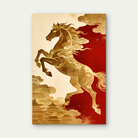 Chinese Pagoda Red Gold Horse Oriental Art 40x60cm Metal Print Ready to Hang