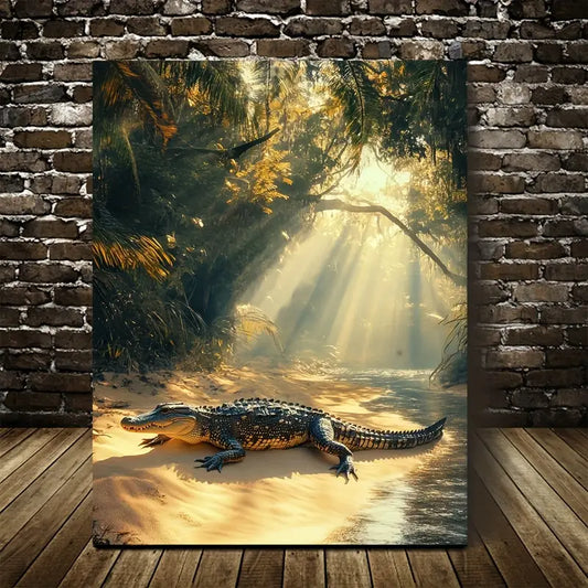 Surreal Crocodile Scene on Sandy Beach 40x60cm Metal Print Ready to Hang - Bella Home Decor