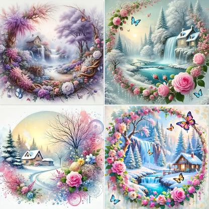 4pcs Landscape Snow Scenery Wall Art Canvas Framed