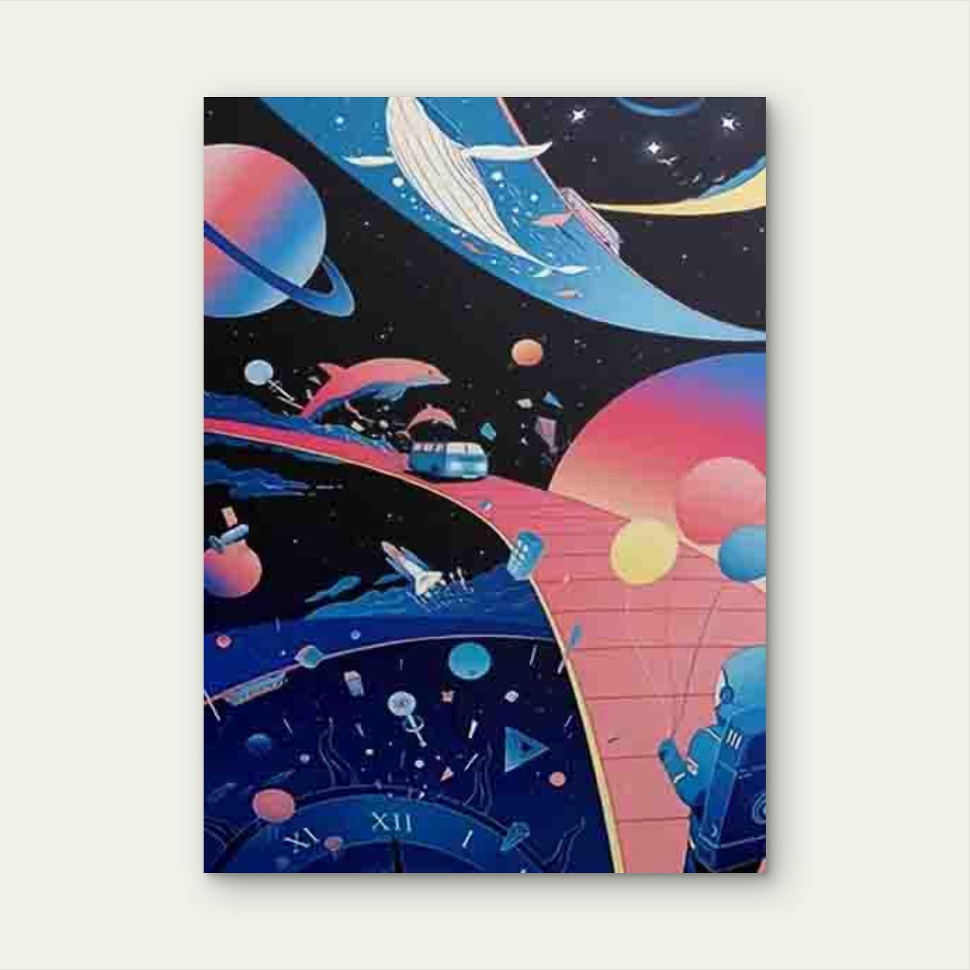 Space Whale, Planets, Rocket, Stars & Dolphin 60x90cm Metal Print Ready to Hang - Bella Home Decor