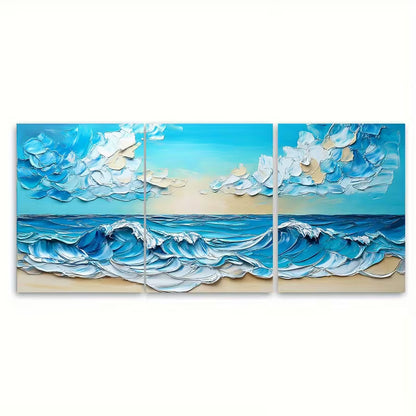 3pcs Blue Sky And Waves Metal Print Ready to Hang Art - Bella Home Decor