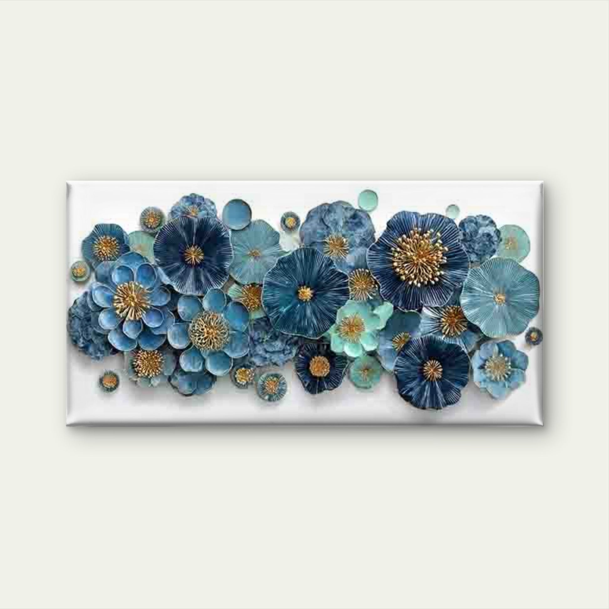 Abstract Blue & Dahlia Flowers Wall Art Canvas Office Home Room Framed 120x60cm - Bella Home Decor