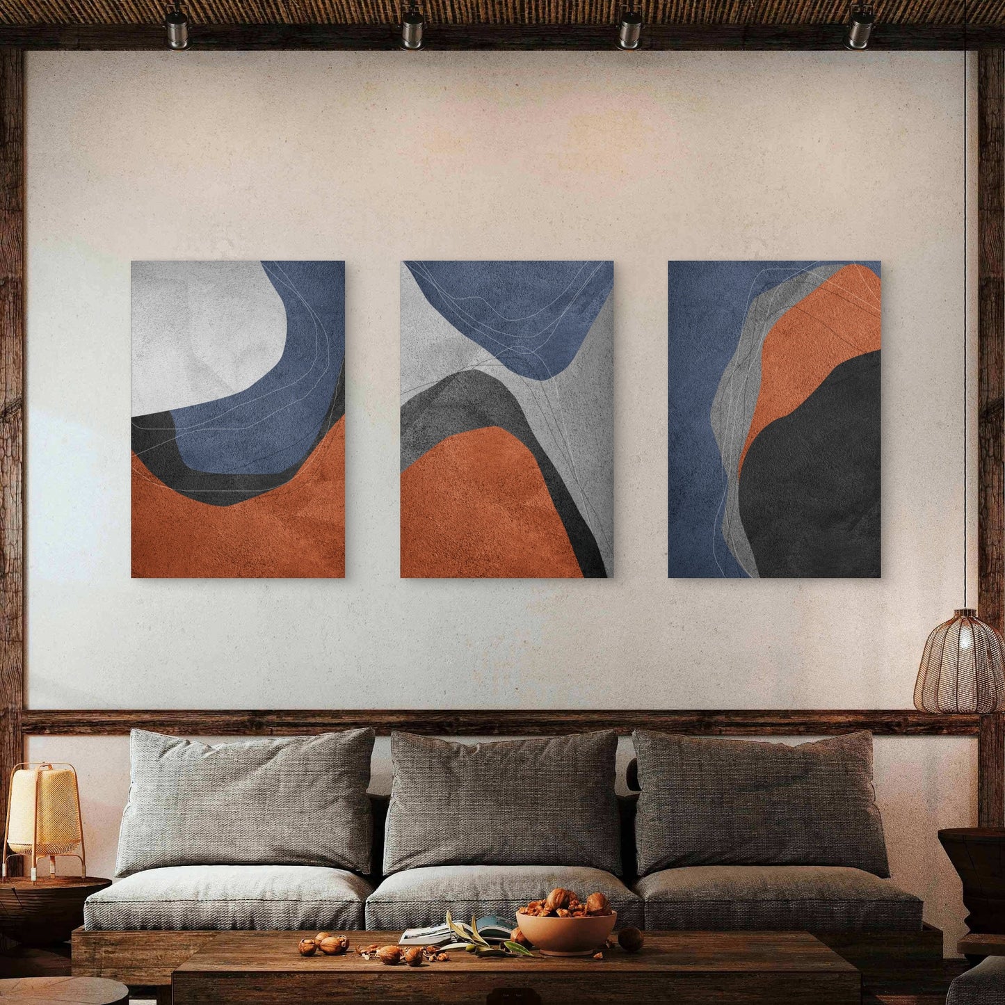 3pcs Blue Terracotta Abstract Modern  Wall Art Set Canvas Framed 50x70cm - High Quality Print 100% Australian Made Wall Canvas Ready to Hang