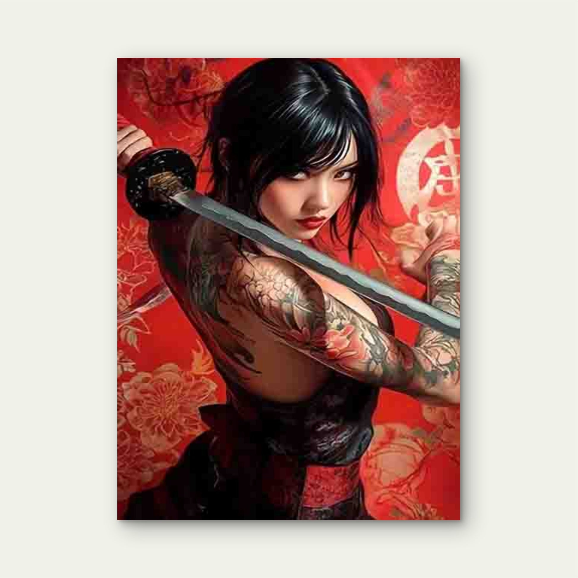 Tattooed Woman with Sword and Floral Patterns 60x90cm Metal Print Ready to Hang - Bella Home Decor