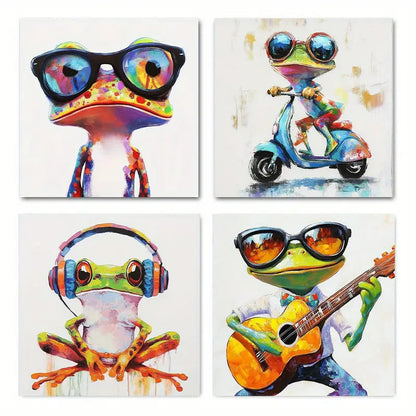 4pcs Whimsical Frog with Glasses & Scooter  Wall Art Canvas Framed